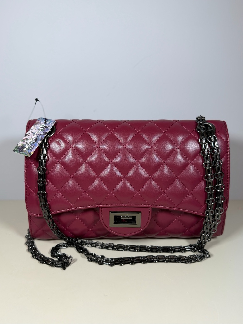 Unk Quilted Crossbody Bag in Burgundy with Gunmetal Chain